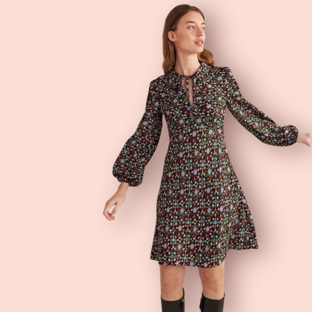 Boden Tie Neck Shirt Dress Dark Floral Long Cottagecore Sleeve Dress Women's 6